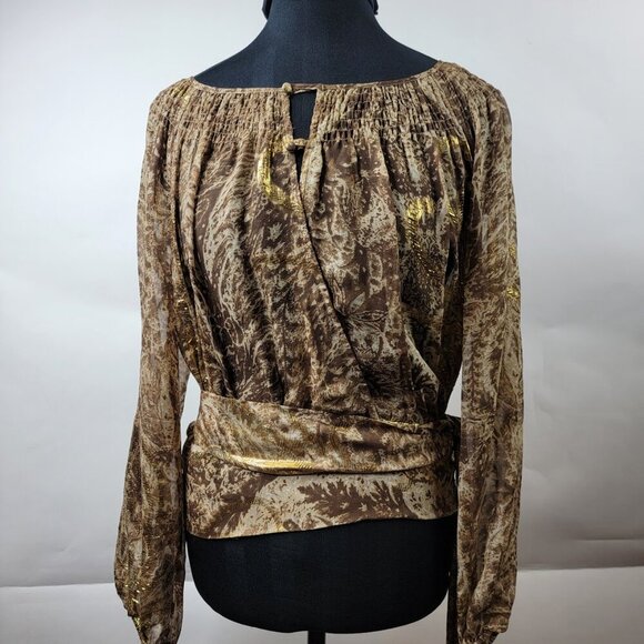 BCBG Maxazria Metallic Paisley Sheer Wrap Blouse Sz S - Picture 11 of 15